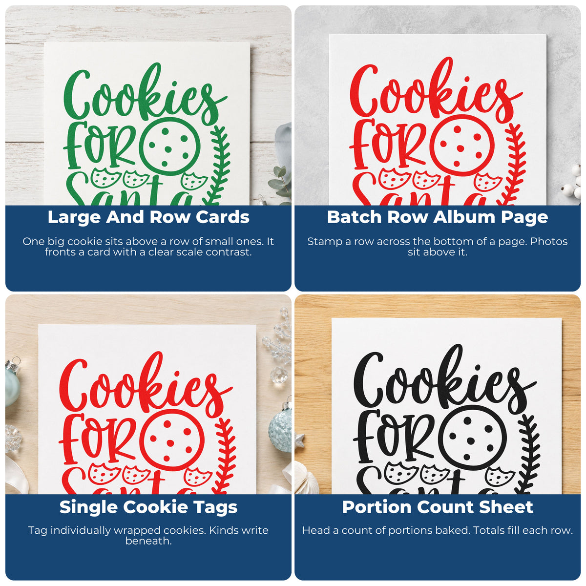 Four ways to use the Cookies For Santa Cookie Row Botanical Sprig Hand Stamp – Duo: large and row cards, batch row album page, single cookie tags and portion count sheet.
