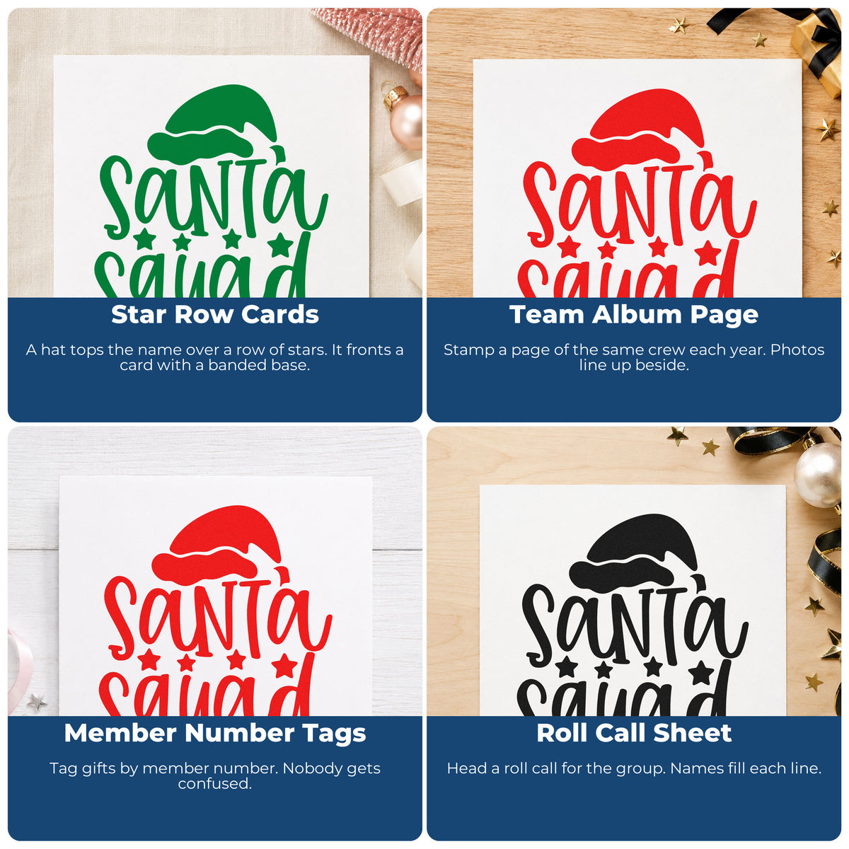 Four ways to use the Santa Squad Hat Stars Lettering Pre-Inked Stamp – Slim: star row cards, team album page, member number tags and roll call sheet.