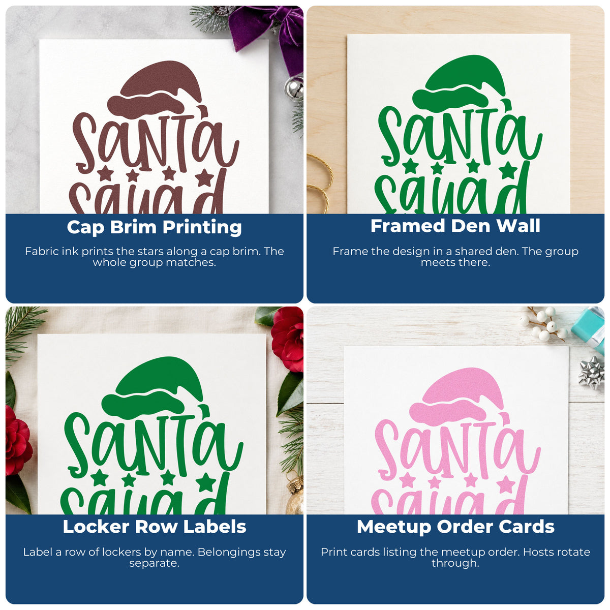 Four ways to use the Santa Squad Hat Stars Lettering PSI Pre-Inked Stamp: cap brim printing, framed den wall, locker row labels and meetup order cards.