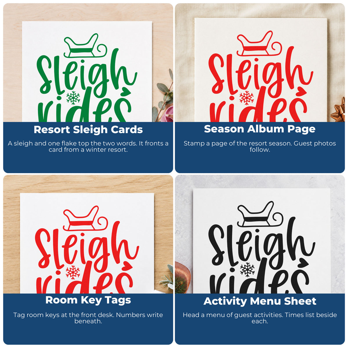 Four ways to use the Sleigh Rides With Snowflake Slim Pre-Inked Stamp: resort sleigh cards, season album page, room key tags and activity menu sheet.