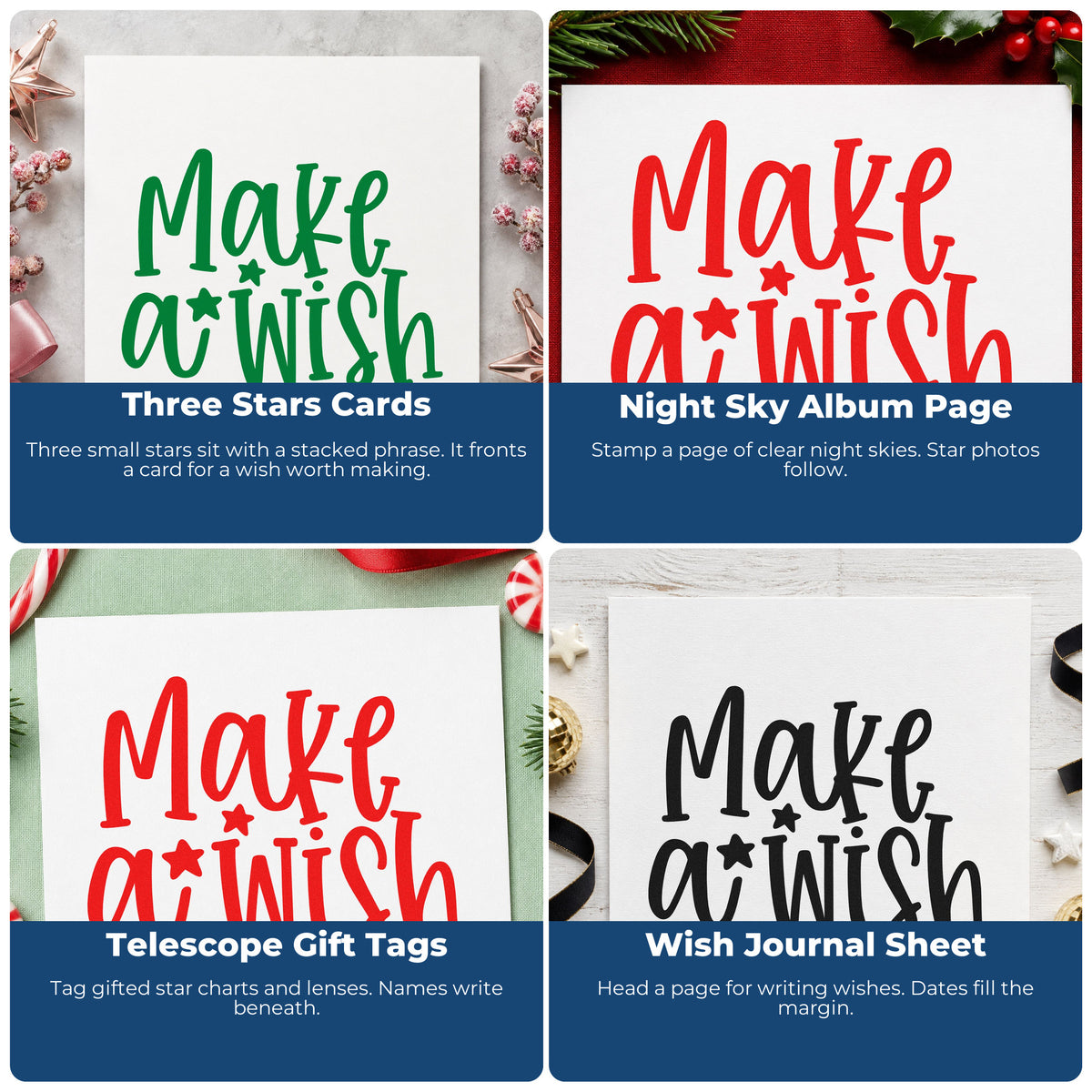 Four ways to use the Make A Wish Rubber Stamp – Wood Handle: three stars cards, night sky album page, telescope gift tags and wish journal sheet.