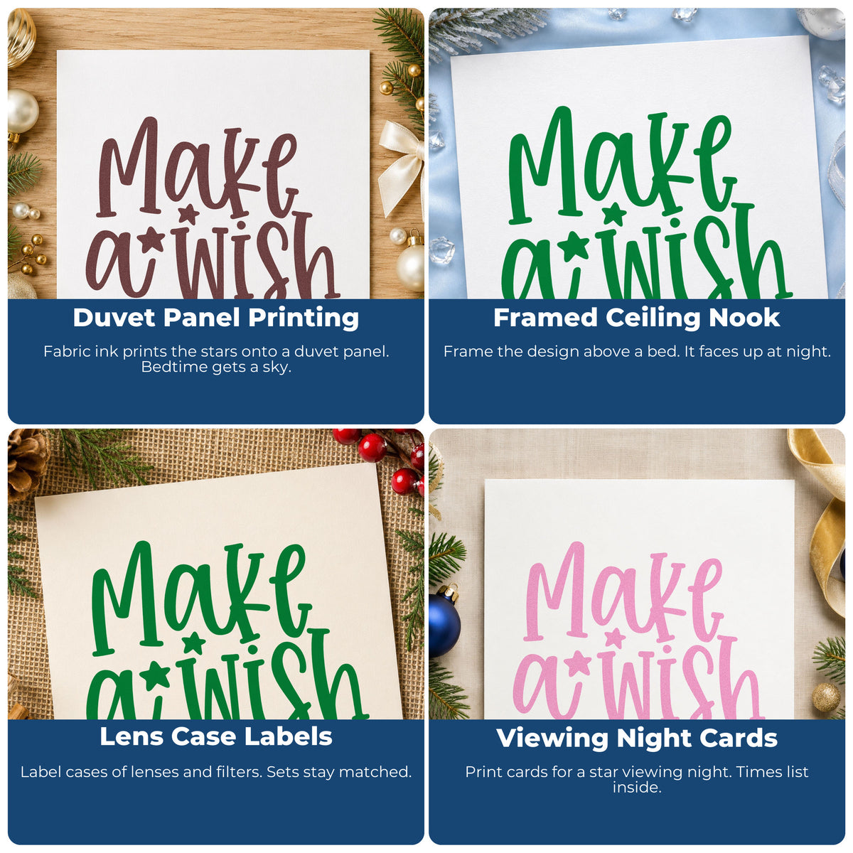 Four ways to use the Make A Wish Rubber Stamp – Wood Handle: duvet panel printing, framed ceiling nook, lens case labels and viewing night cards.
