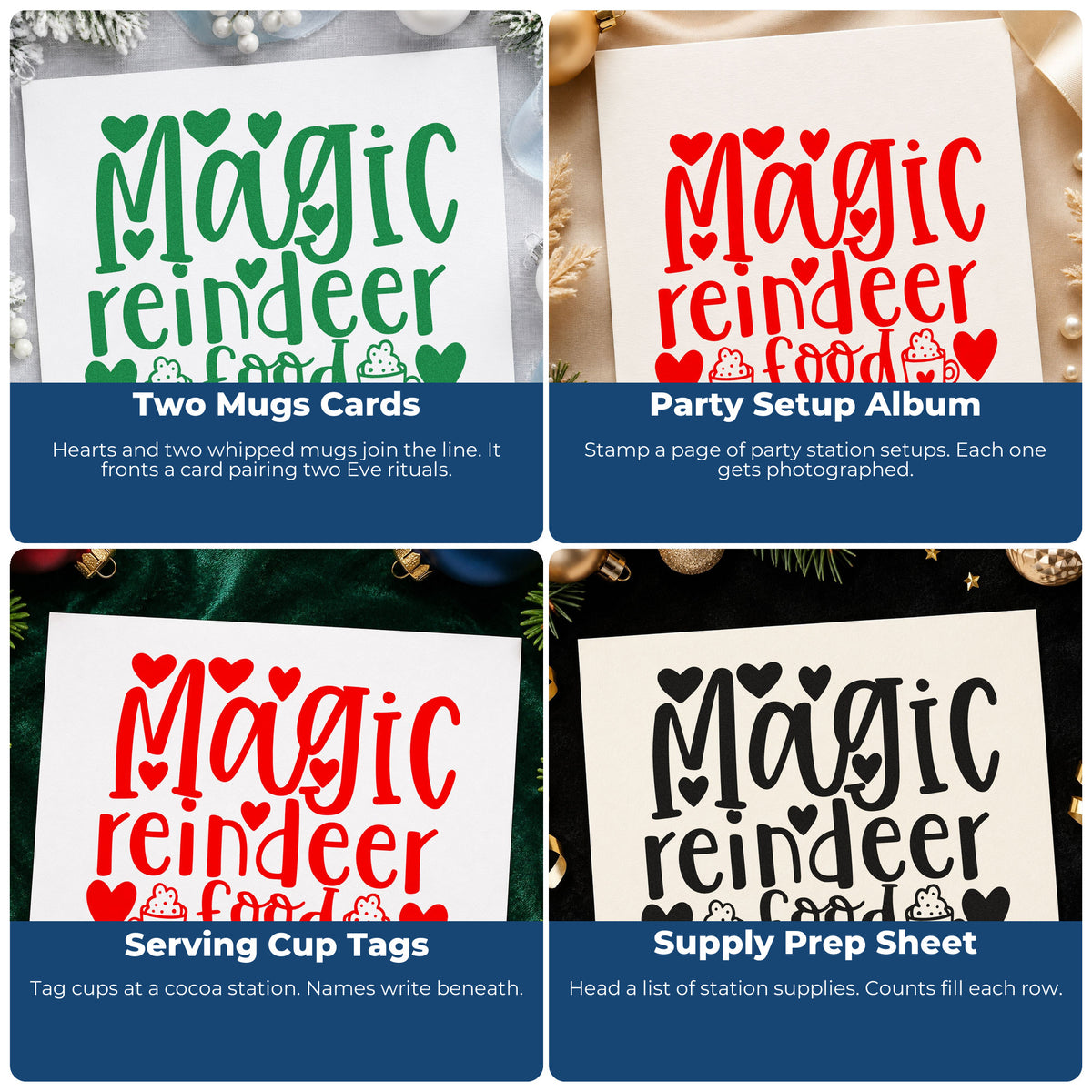 Four ways to use the Magic Reindeer Food Hearts Premium Wooden Stamp - Vintage Pro: two mugs cards, party setup album, serving cup tags and supply prep sheet.