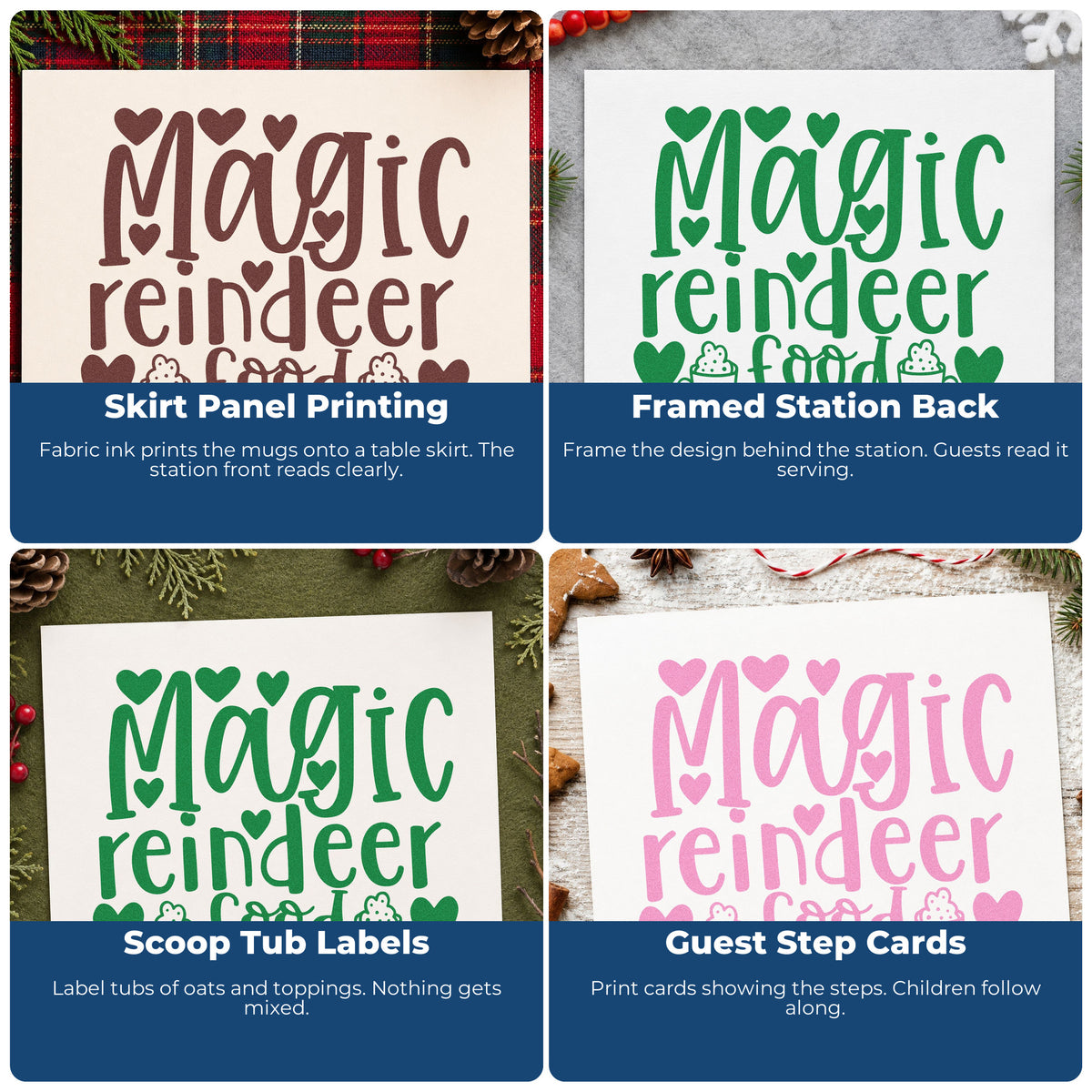 Four ways to use the Magic Reindeer Food Hearts Premium Wooden Stamp - Vintage Pro: skirt panel printing, framed station back, scoop tub labels and guest step cards.