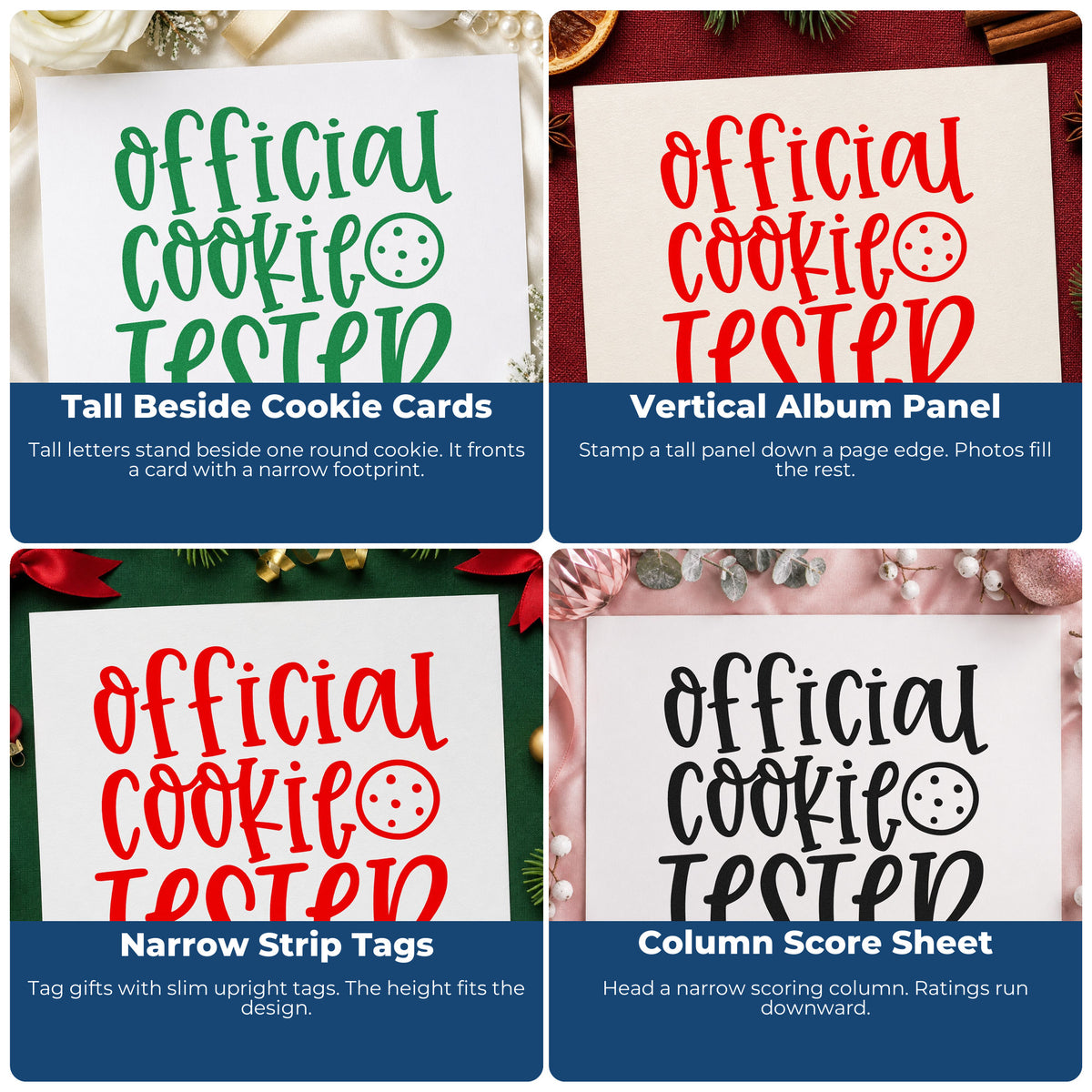 Four ways to use the Official Cookie Tester With Round Cookie Stamp - Premium Vintage Pro Wooden: tall beside cookie cards, vertical album panel, narrow strip tags and column score sheet.