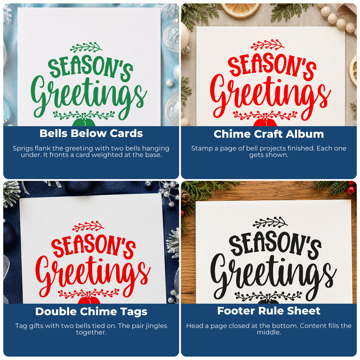 Four ways to use the Season's Greetings Hanging Bells Self-Inking Stamp: bells below cards, chime craft album, double chime tags and footer rule sheet.