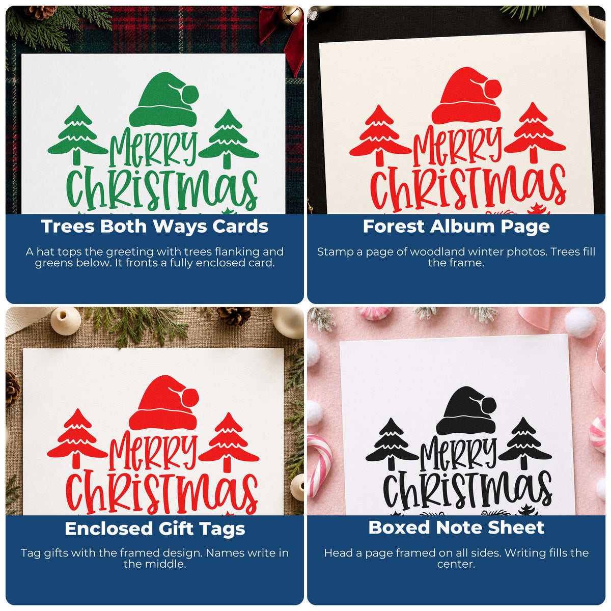 Four ways to use the Merry Christmas Hat Trees Pine Motif Premium Wooden Stamp - Vintage Pro: trees both ways cards, forest album page, enclosed gift tags and boxed note sheet.