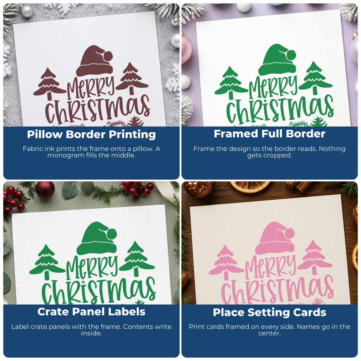 Four ways to use the Merry Christmas Hat Trees Pine Motif Duo Hand Stamp: pillow border printing, framed full border, crate panel labels and place setting cards.