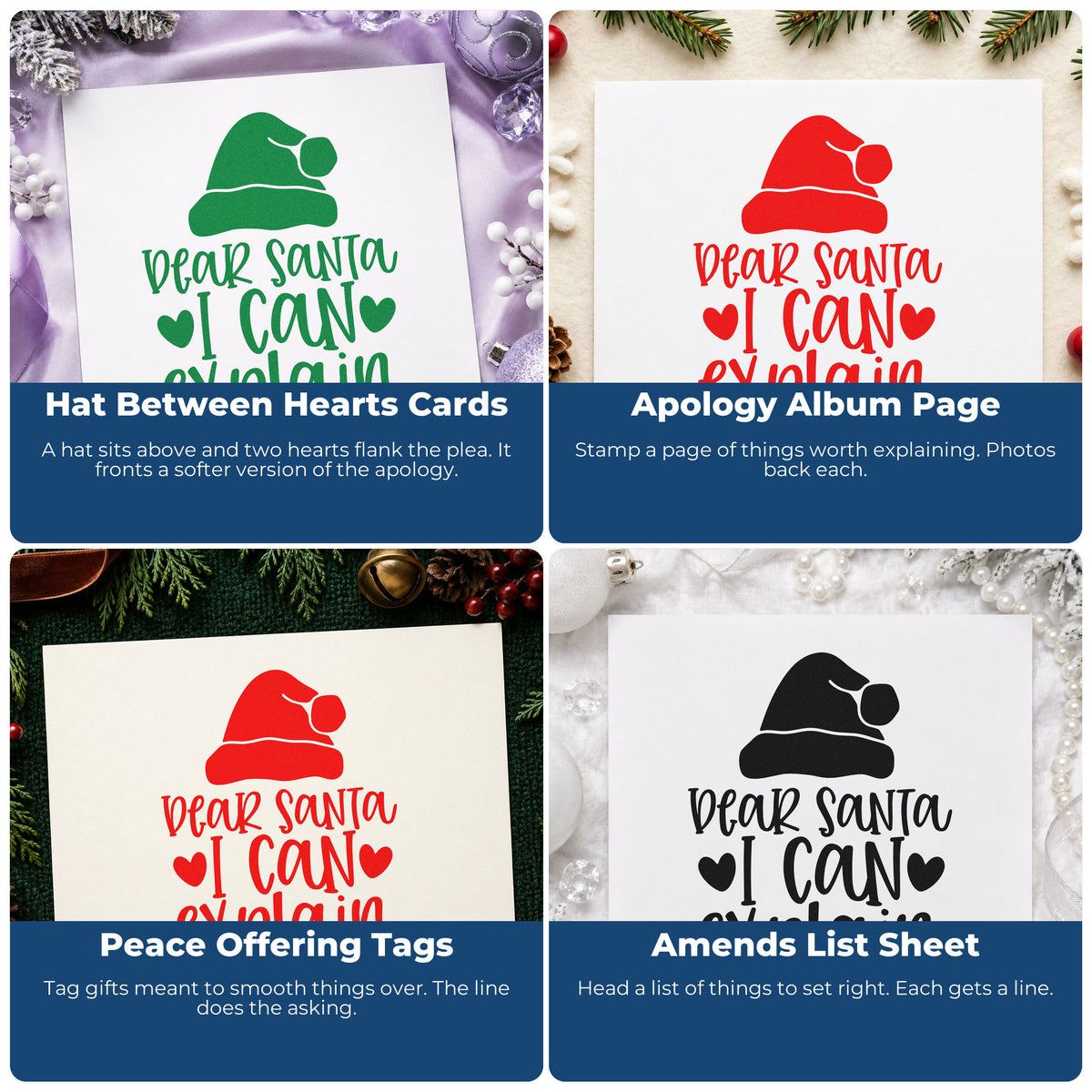 Four ways to use the Slim Pre-Inked Dear Santa I Can Explain Hat Stamp: hat between hearts cards, apology album page, peace offering tags and amends list sheet.
