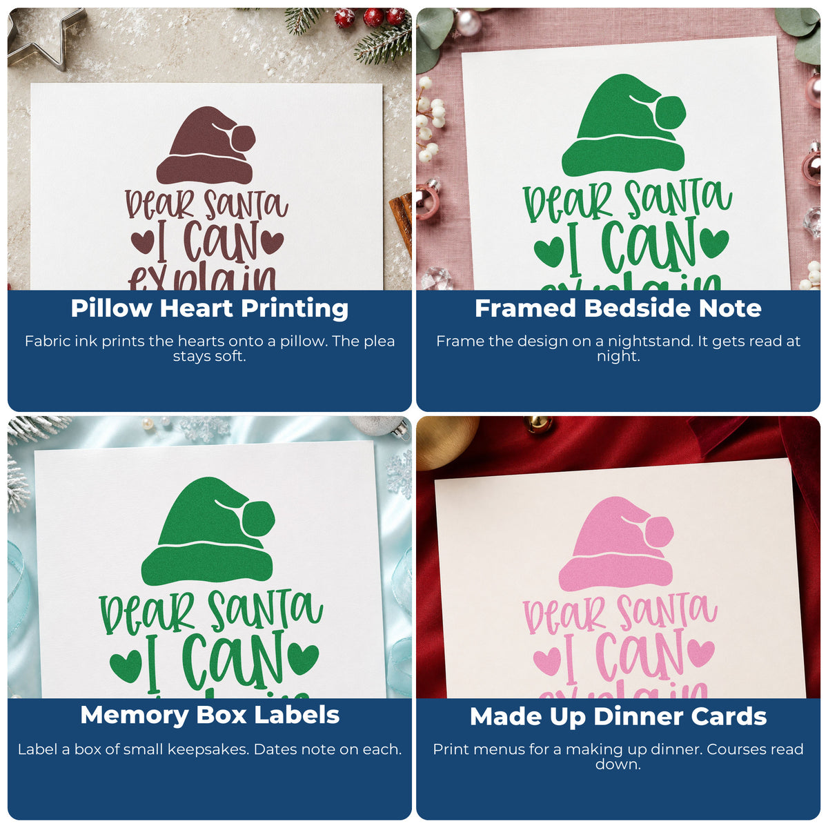 Four ways to use the Slim Pre-Inked Dear Santa I Can Explain Hat Stamp: pillow heart printing, framed bedside note, memory box labels and made up dinner cards.