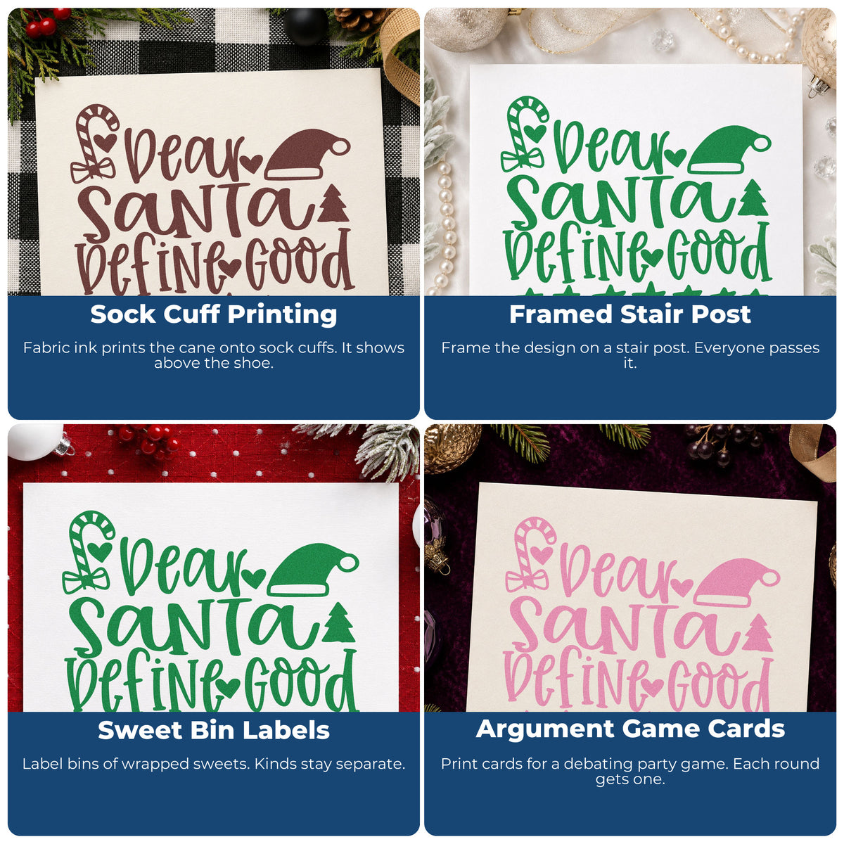 Four ways to use the Dear Santa Define Good Candy Cane Pre-Inked Stamp – Slim: sock cuff printing, framed stair post, sweet bin labels and argument game cards.