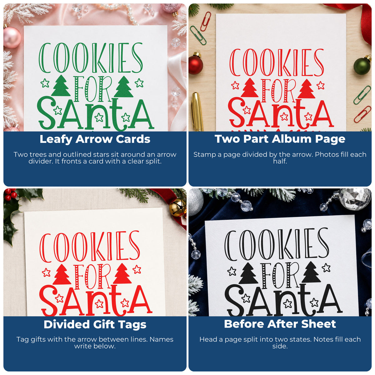 Four ways to use the Self-Inking Cookies For Santa Trees Stamp: leafy arrow cards, two part album page, divided gift tags and before after sheet.