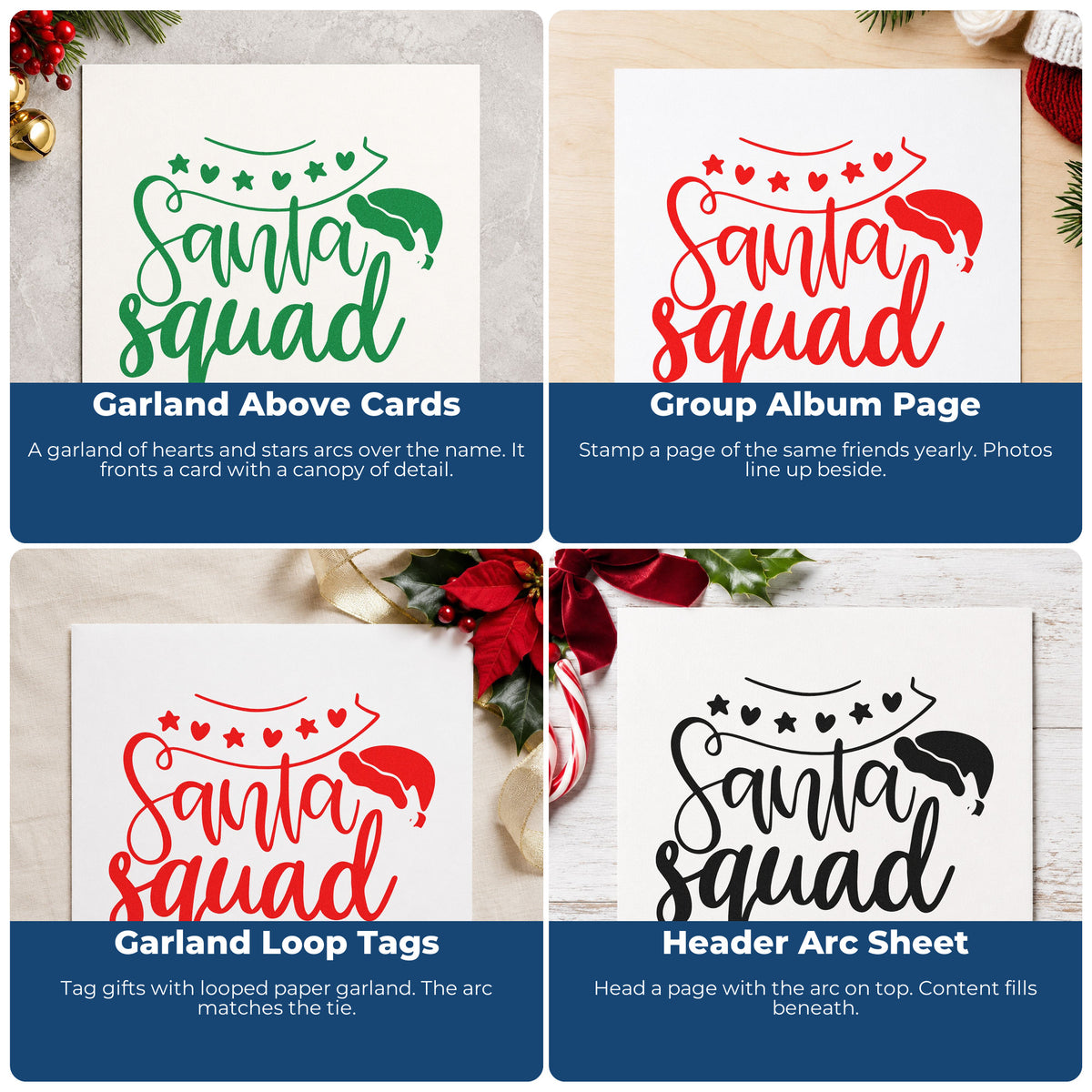 Four ways to use the Santa Squad Heart Garland Hat Hand Stamp – Duo: garland above cards, group album page, garland loop tags and header arc sheet.