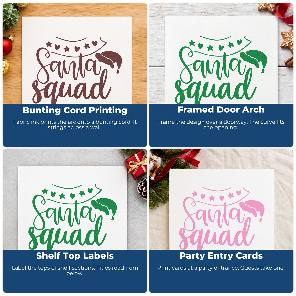 Four ways to use the Santa Squad Heart Garland Hat Hand Stamp – Duo: bunting cord printing, framed door arch, shelf top labels and party entry cards.