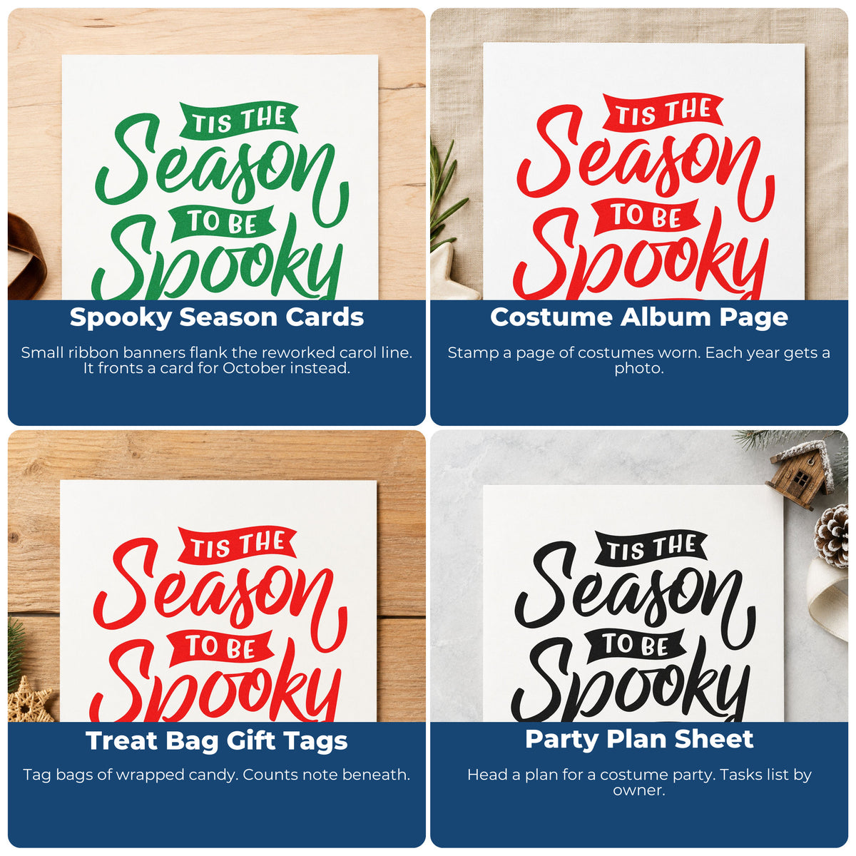 Four ways to use the Season To Be Spooky Rubber Stamp – Wood Handle: spooky season cards, costume album page, treat bag gift tags and party plan sheet.