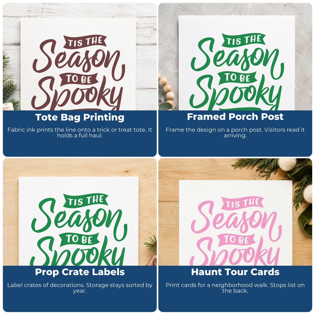 Four ways to use the Season To Be Spooky Rubber Stamp – Wood Handle: tote bag printing, framed porch post, prop crate labels and haunt tour cards.