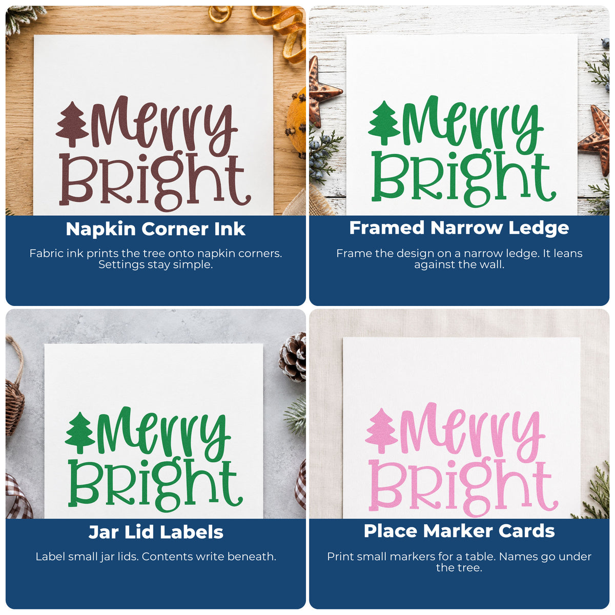 Four ways to use the Merry Bright Christmas Tree Self-Inking Craft Stamp: napkin corner ink, framed narrow ledge, jar lid labels and place marker cards.