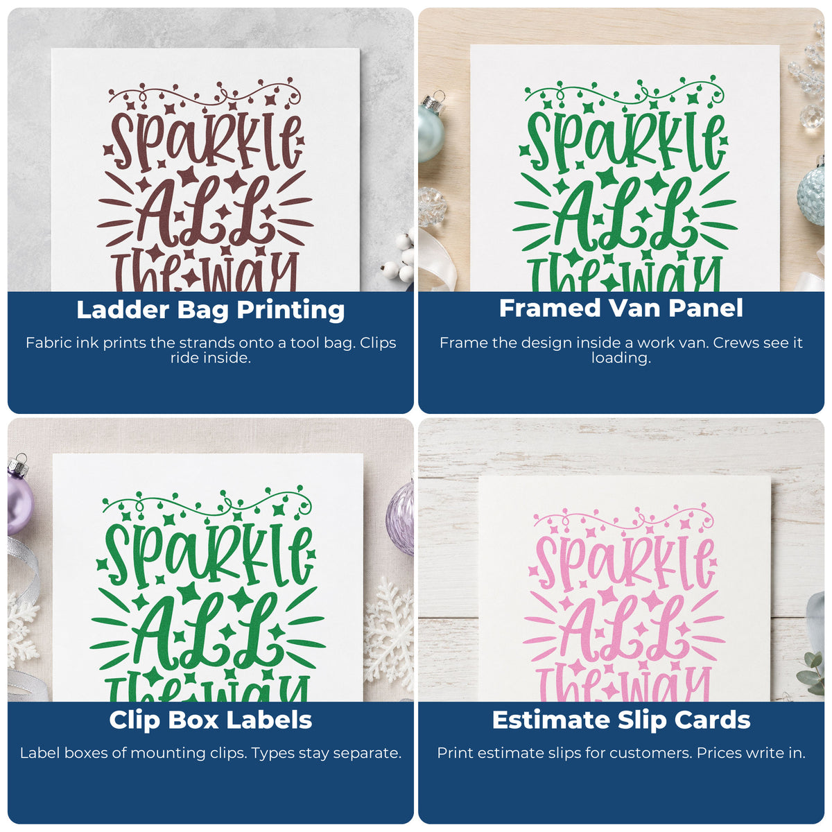 Four ways to use the Sparkle All The Way Lights With Stars Stamp - Premium Vintage Pro Wooden: ladder bag printing, framed van panel, clip box labels and estimate slip cards.