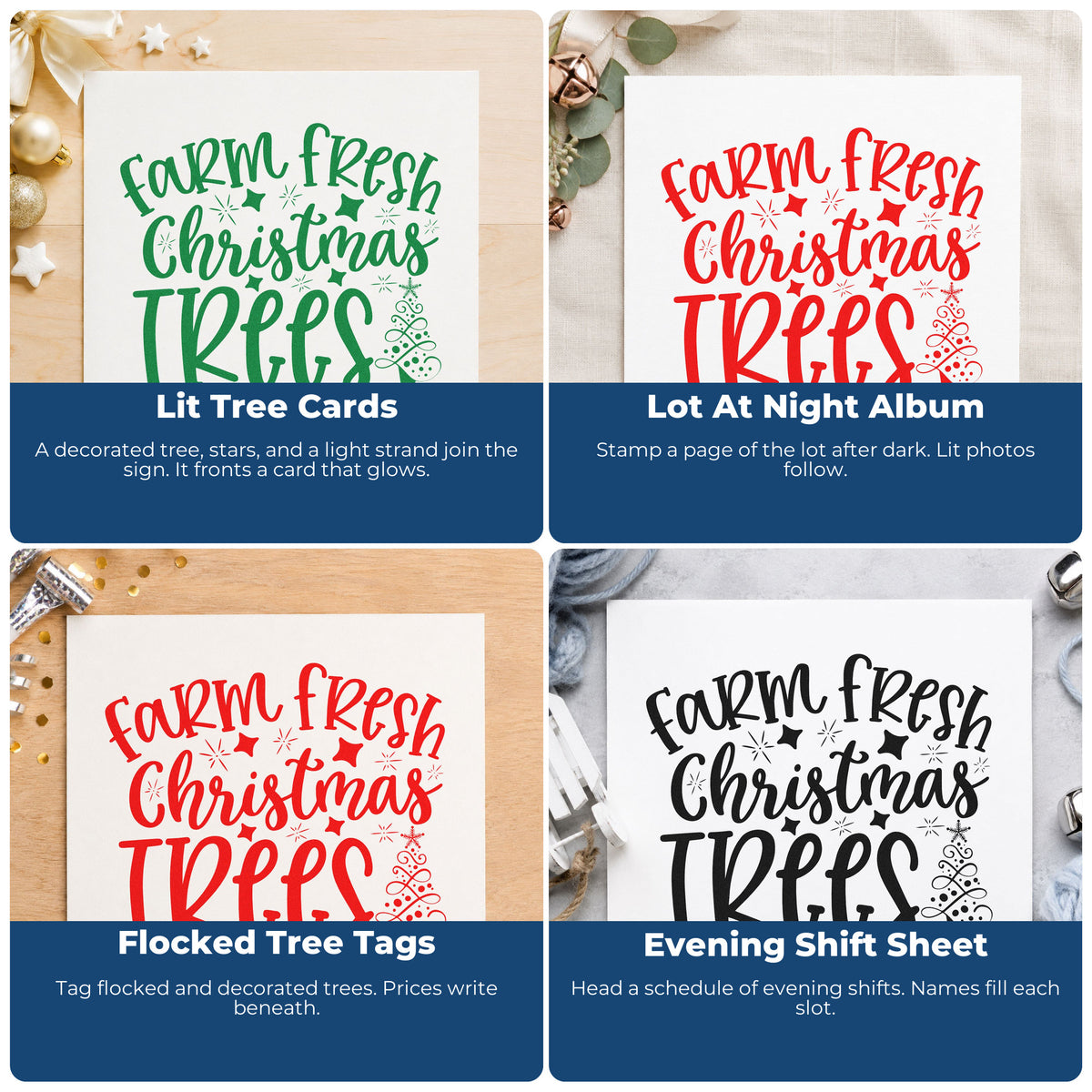 Four ways to use the Farm Fresh Christmas Trees With Stars Self-Inking Stamp: lit tree cards, lot at night album, flocked tree tags and evening shift sheet.