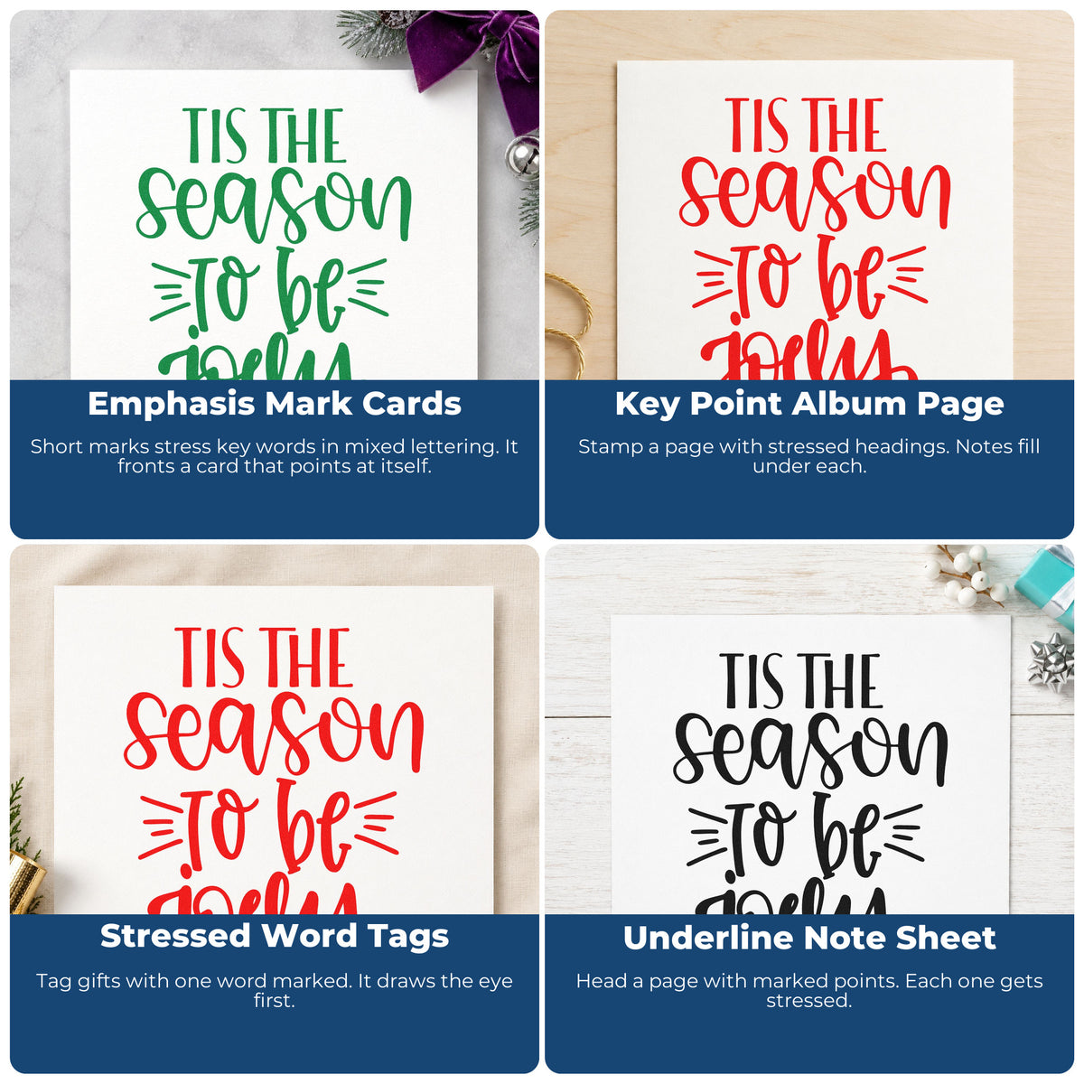 Four ways to use the Tis The Season Jolly Lettering Stamp – Self-Inking: emphasis mark cards, key point album page, stressed word tags and underline note sheet.