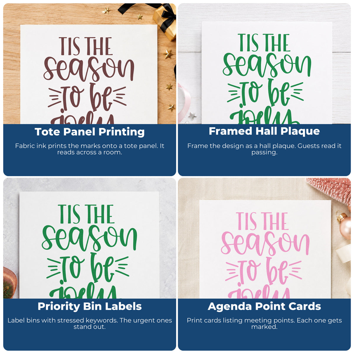 Four ways to use the Tis The Season Jolly Lettering Stamp – Self-Inking: tote panel printing, framed hall plaque, priority bin labels and agenda point cards.