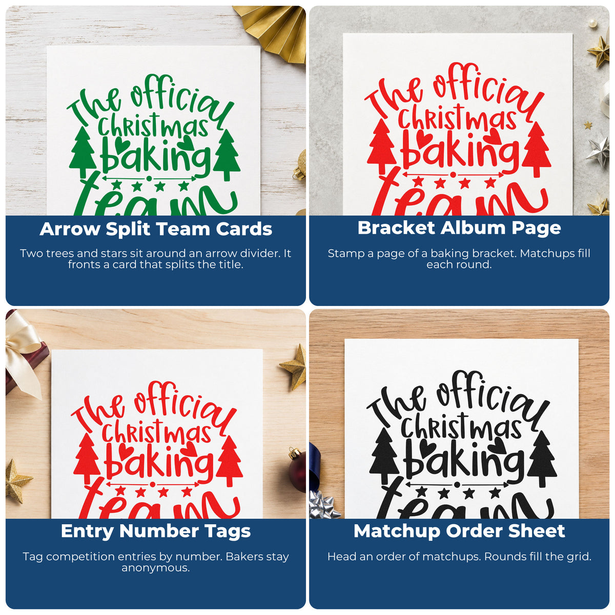 Four ways to use the The Official Christmas Baking Team Premium Wooden Stamp - Vintage Pro: arrow split team cards, bracket album page, entry number tags and matchup order sheet.