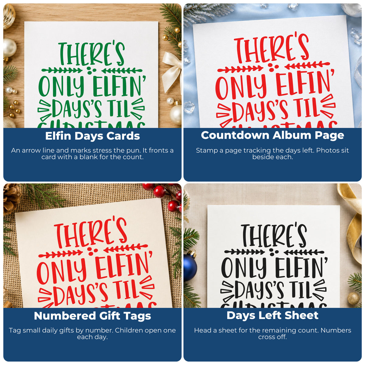 Four ways to use the Elfin Christmas Countdown Lettering Hand Stamp – Duo: elfin days cards, countdown album page, numbered gift tags and days left sheet.
