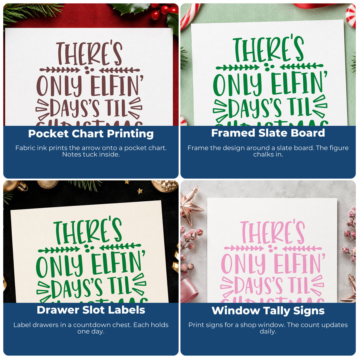 Four ways to use the Elfin Christmas Countdown Lettering Rubber Stamp – Wood Handle: pocket chart printing, framed slate board, drawer slot labels and window tally signs.