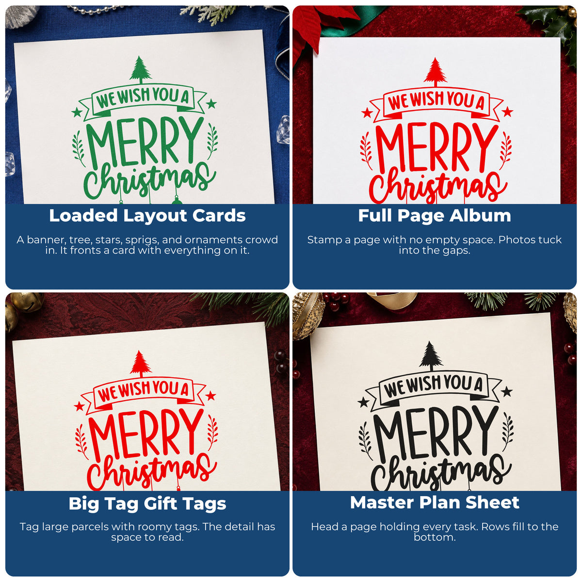 Four ways to use the We Wish You Merry Christmas Rubber Stamp – Duo Hand: loaded layout cards, full page album, big tag gift tags and master plan sheet.