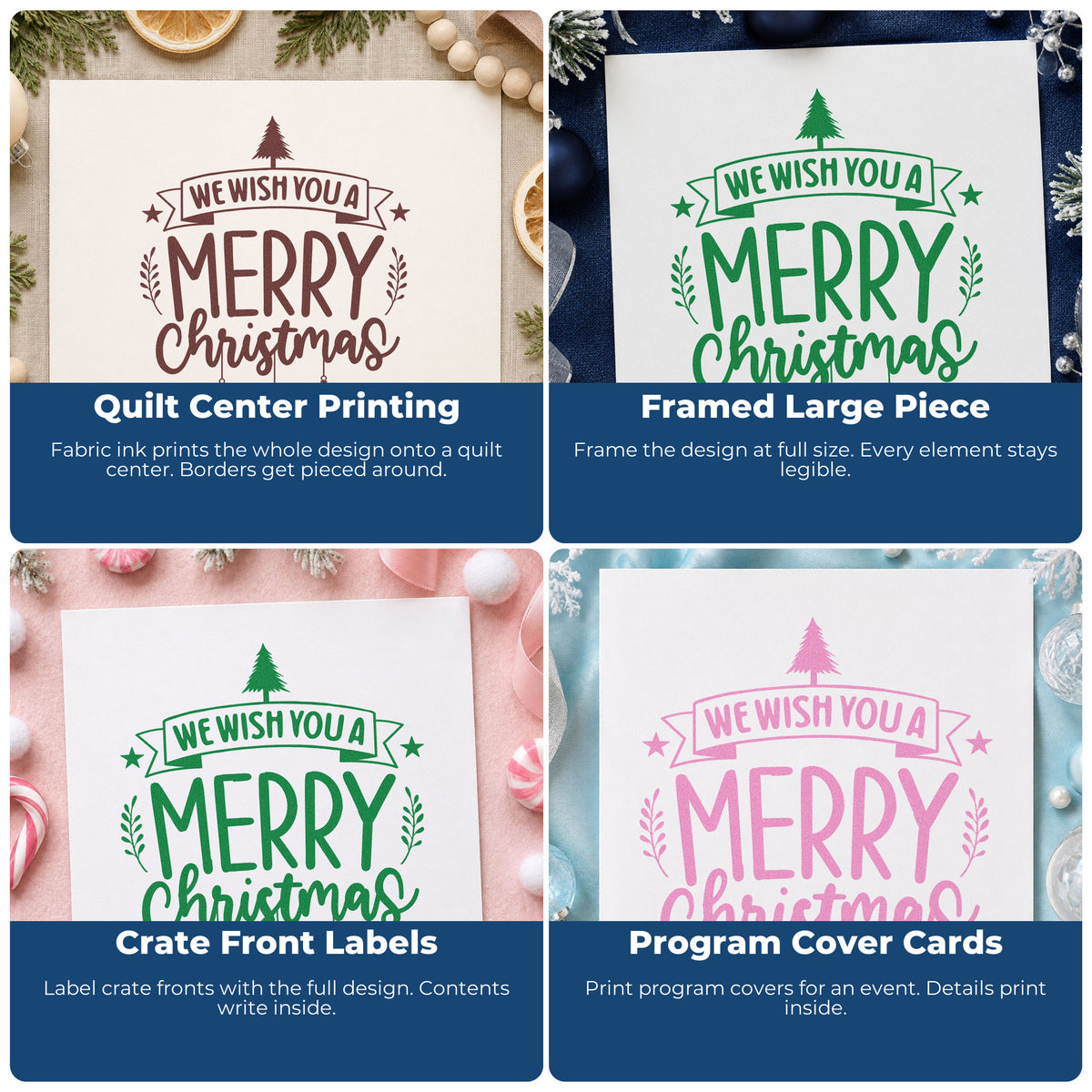 Four ways to use the We Wish You Merry Christmas Rubber Stamp – Duo Hand: quilt center printing, framed large piece, crate front labels and program cover cards.