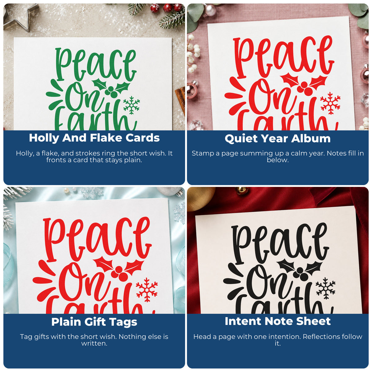 Four ways to use the Self-Inking Peace On Earth Holly Stamp: holly and flake cards, quiet year album, plain gift tags and intent note sheet.
