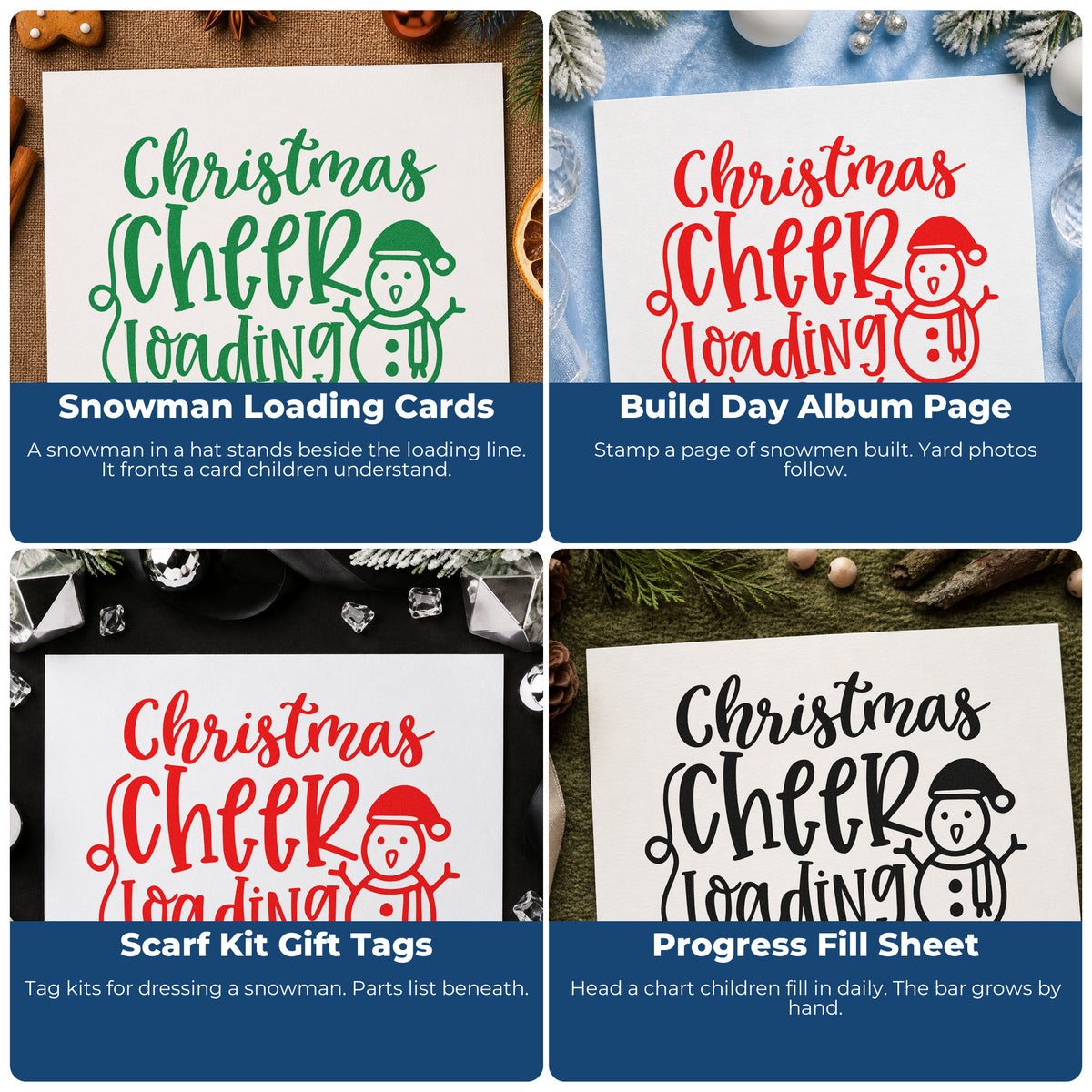 Four ways to use the Christmas Cheer Loading Snowman Self-Inking Stamp: snowman loading cards, build day album page, scarf kit gift tags and progress fill sheet.
