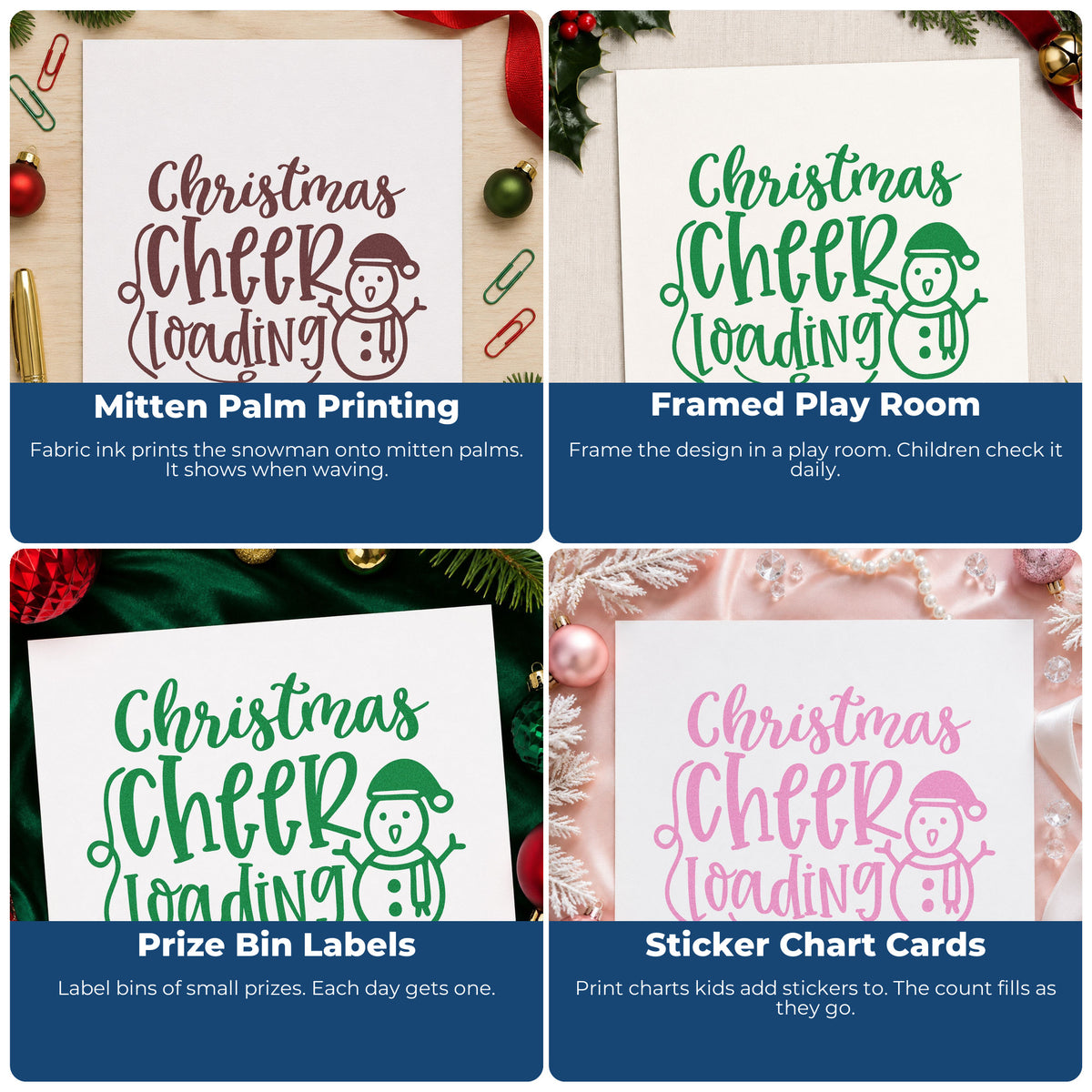 Four ways to use the Christmas Cheer Loading Snowman Wood Handle Stamp: mitten palm printing, framed play room, prize bin labels and sticker chart cards.