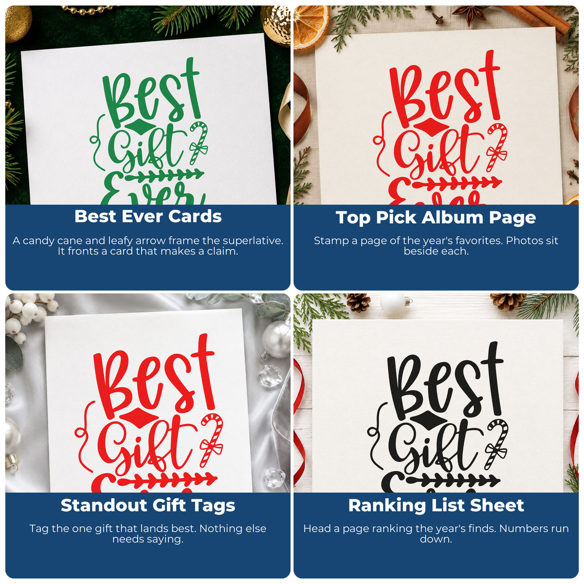 Four ways to use the Best Gift Ever Candy Cane Leaf Accents Hand Stamp – Duo: best ever cards, top pick album page, standout gift tags and ranking list sheet.