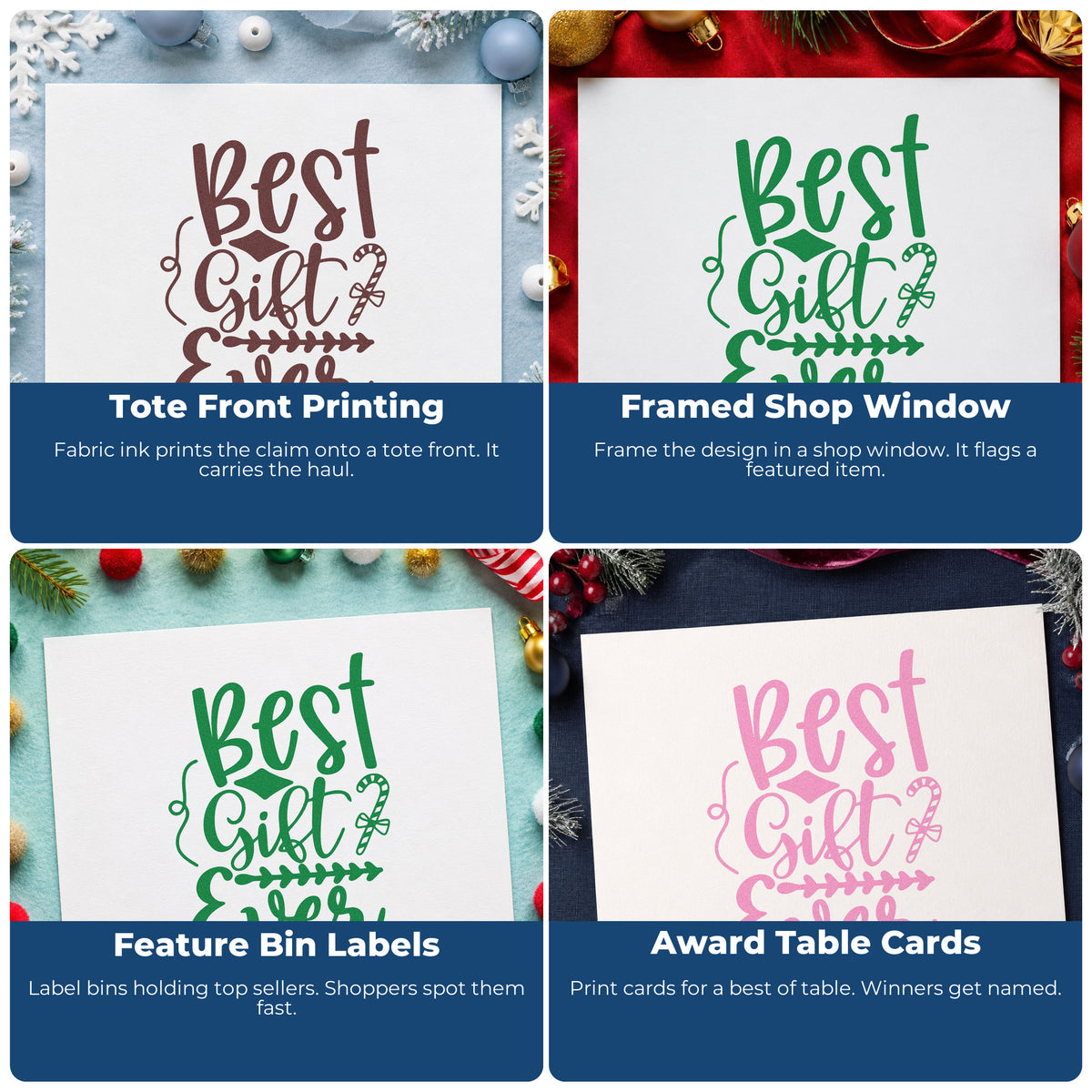 Four ways to use the Best Gift Ever Candy Cane Leaf Accents PSI Pre-Inked Stamp: tote front printing, framed shop window, feature bin labels and award table cards.