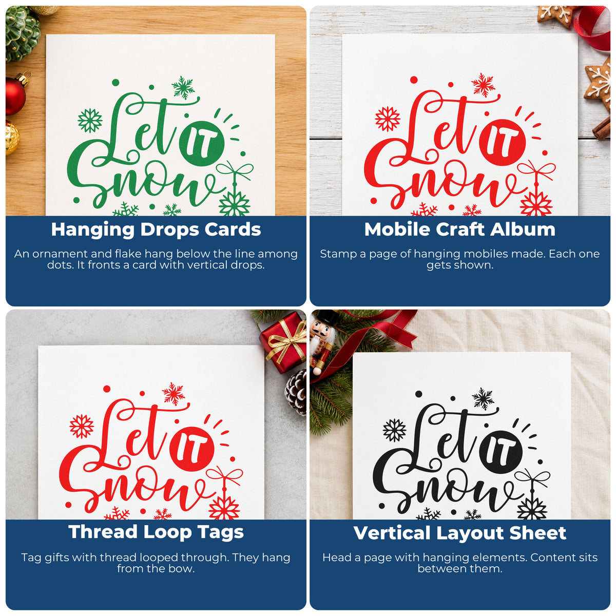 Four ways to use the Let It Snow Ornaments Snowflakes Pre-Inked Stamp – Slim: hanging drops cards, mobile craft album, thread loop tags and vertical layout sheet.