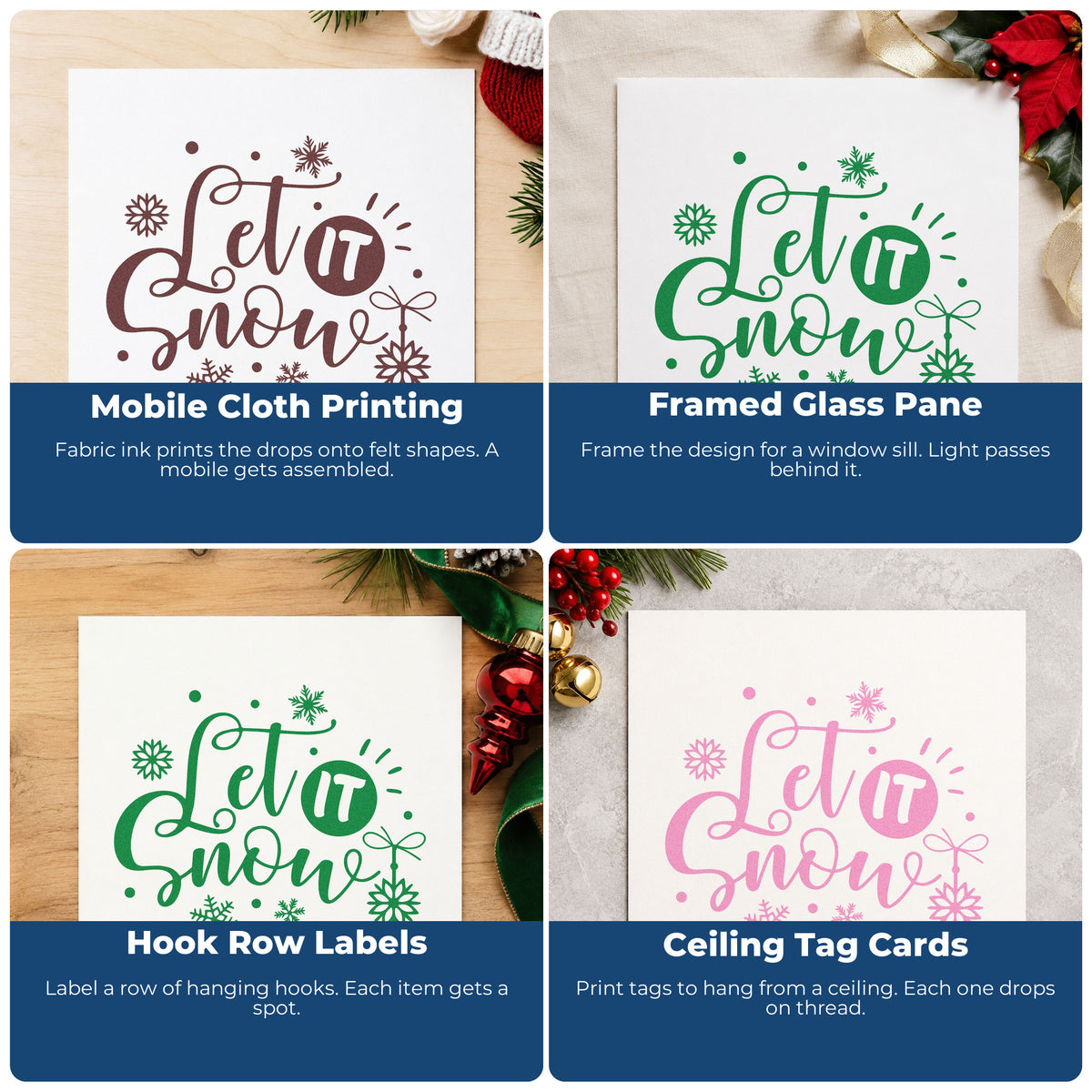 Four ways to use the Let It Snow Ornaments Snowflakes Pre-Inked Stamp – Slim: mobile cloth printing, framed glass pane, hook row labels and ceiling tag cards.