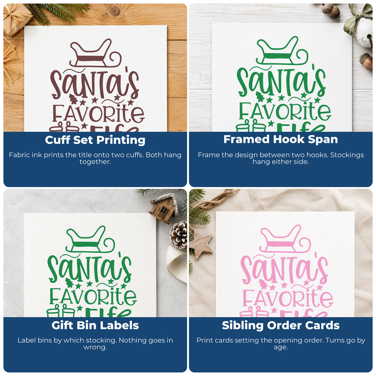 Four ways to use the Santa's Favorite Elf Stockings Pre-Inked Stamp – PSI: cuff set printing, framed hook span, gift bin labels and sibling order cards.