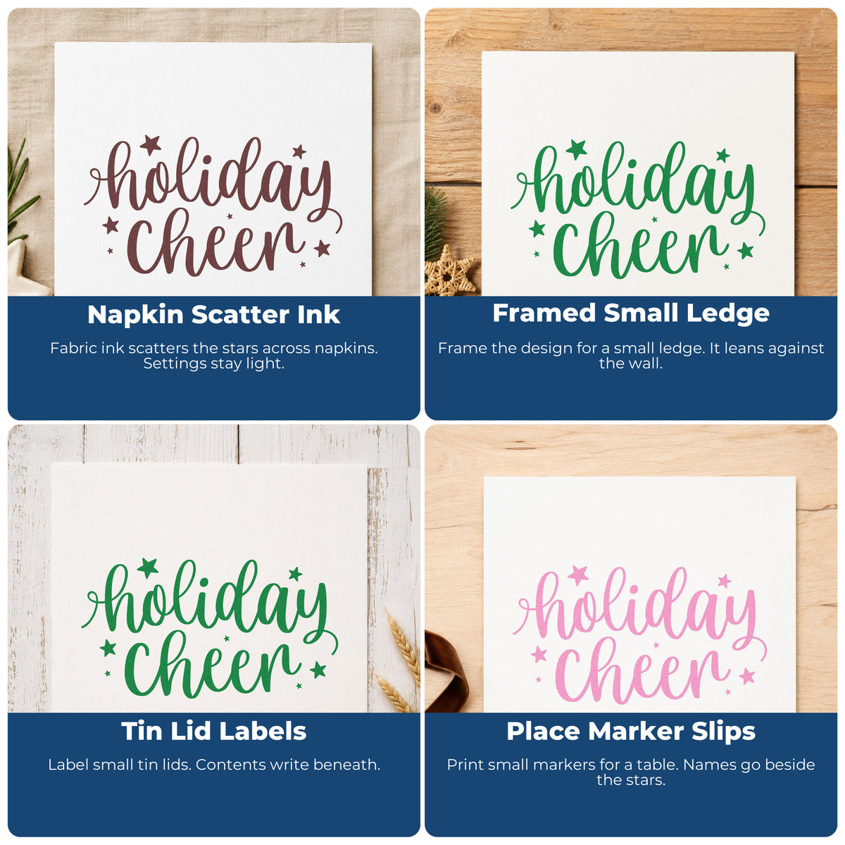 Christmas rubber stamp collage showing festive designs for envelopes, cookie labels, scrapbooks, and DIY candle labels.