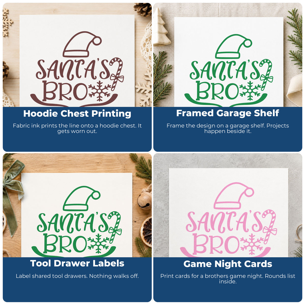 Four ways to use the Santa's Bro Hat Candy Cane Rubber Stamp – Wood Handle: hoodie chest printing, framed garage shelf, tool drawer labels and game night cards.