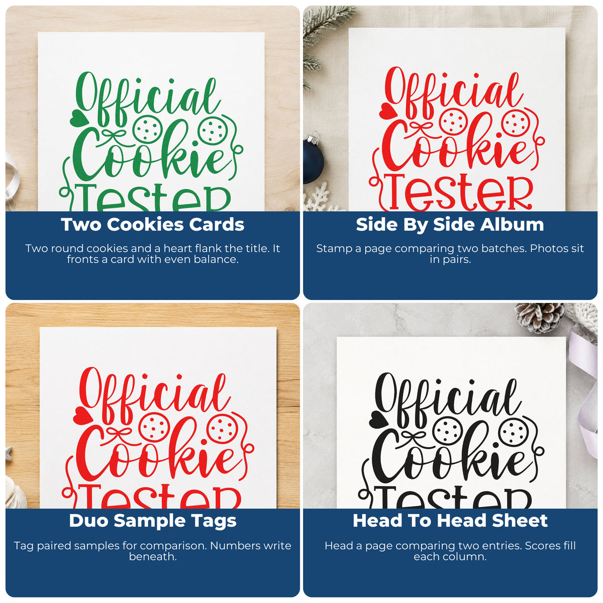 Four ways to use the Official Cookie Tester Script Premium Wood-Mounted Stamp - Vintage Pro: two cookies cards, side by side album, duo sample tags and head to head sheet.