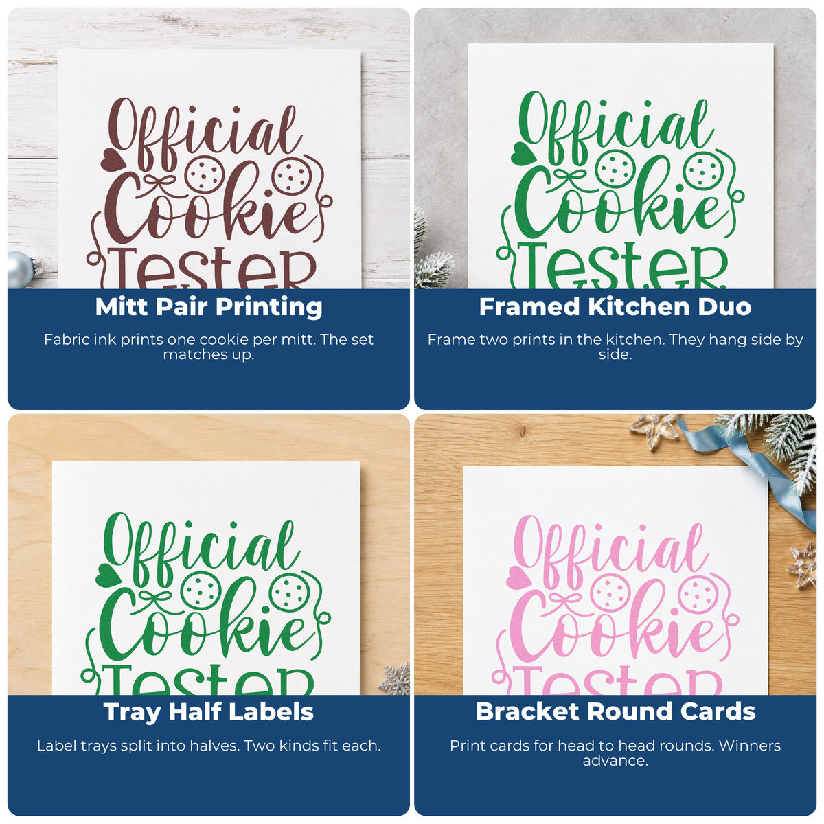 Four ways to use the Official Cookie Tester Script Self-Inking Stamp: mitt pair printing, framed kitchen duo, tray half labels and bracket round cards.