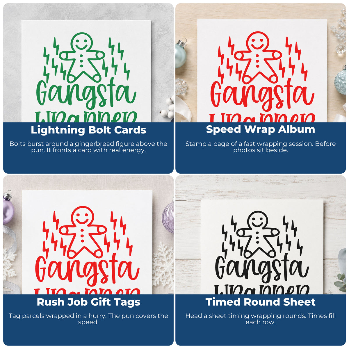 Four ways to use the Gangsta Wrapper Gingerbread Lightning Hand Stamp – Duo: lightning bolt cards, speed wrap album, rush job gift tags and timed round sheet.