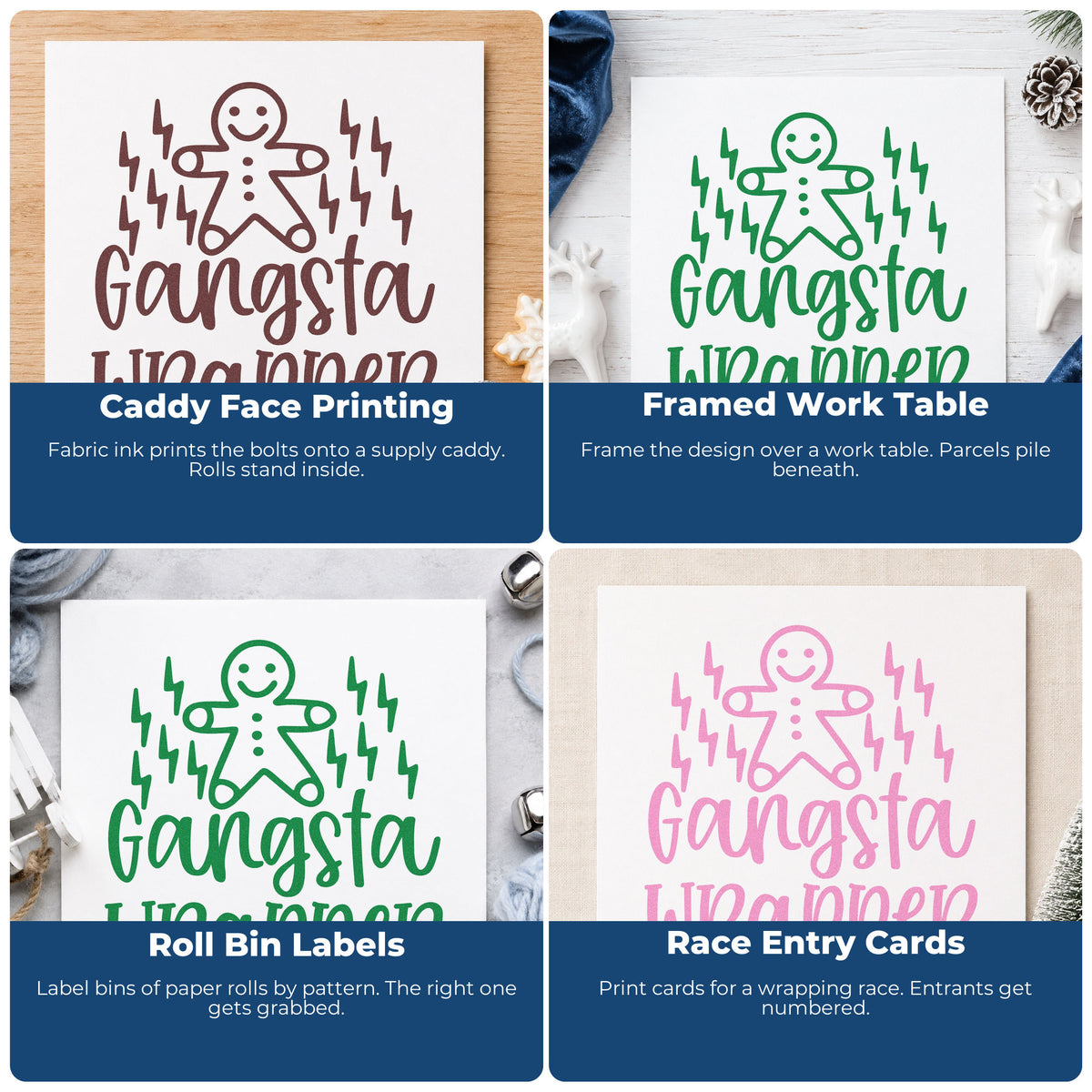 Four ways to use the Gangsta Wrapper Gingerbread Lightning PSI Pre-Inked Stamp: caddy face printing, framed work table, roll bin labels and race entry cards.