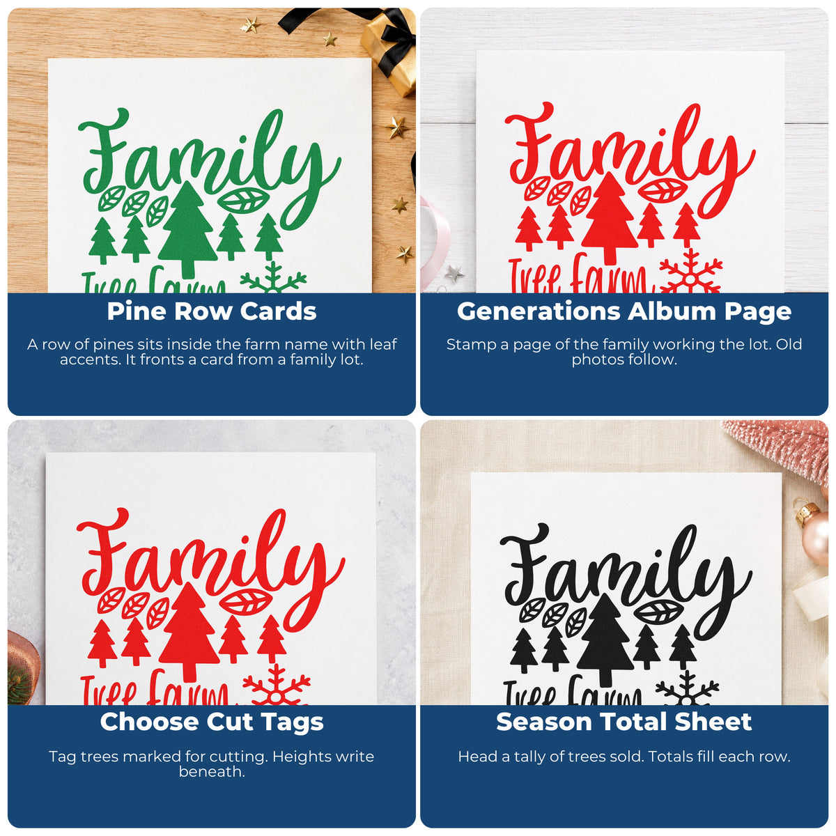 Four ways to use the Family Tree Farm Winter Pine Motif Craft Stamp – Self-Inking: pine row cards, generations album page, choose cut tags and season total sheet.