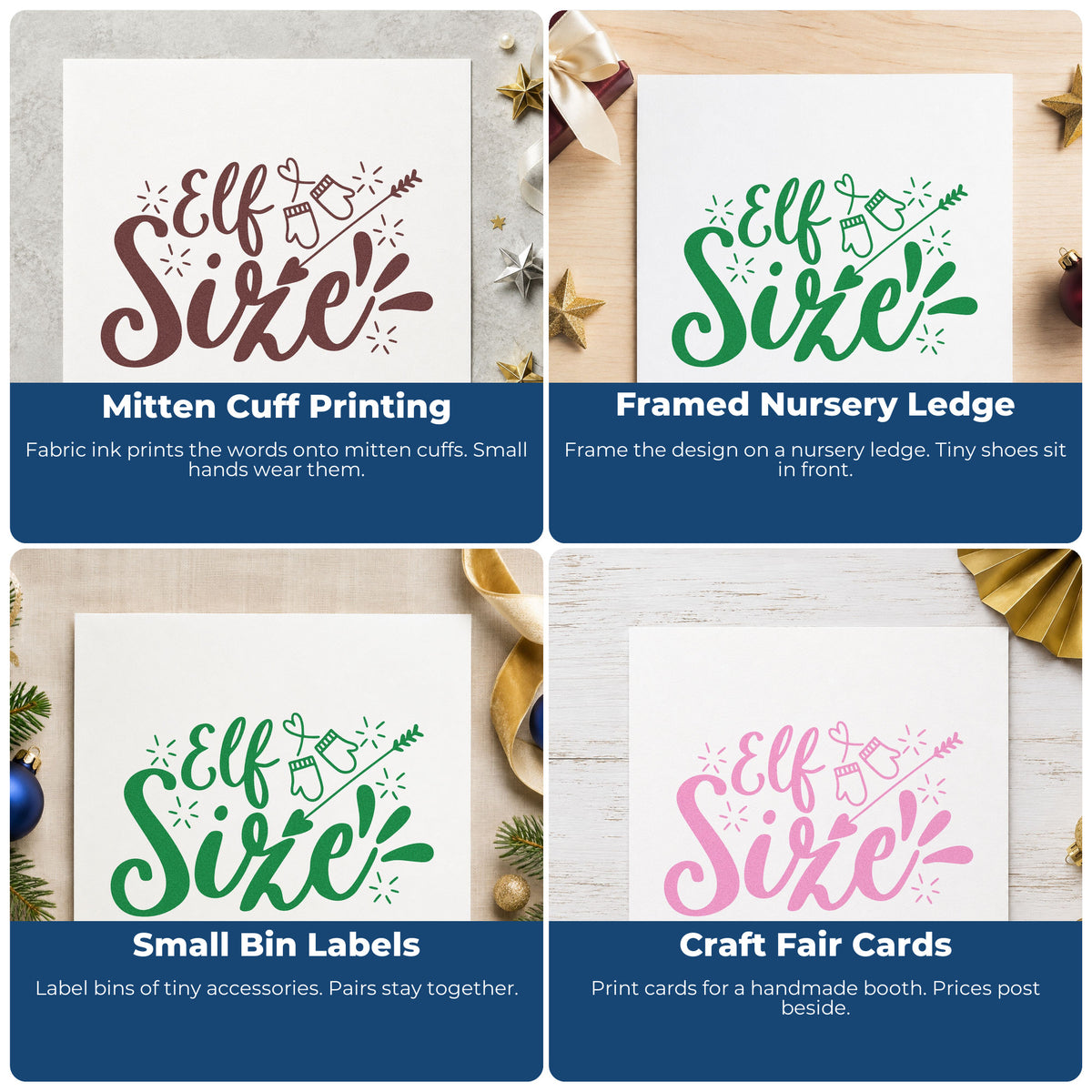 Four ways to use the Elf Size Mittens Arrow Rubber Stamp – Duo Hand: mitten cuff printing, framed nursery ledge, small bin labels and craft fair cards.