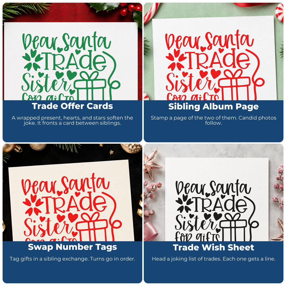 Four ways to use the Dear Santa Trade Sister Gifts Duo Hand Stamp: trade offer cards, sibling album page, swap number tags and trade wish sheet.