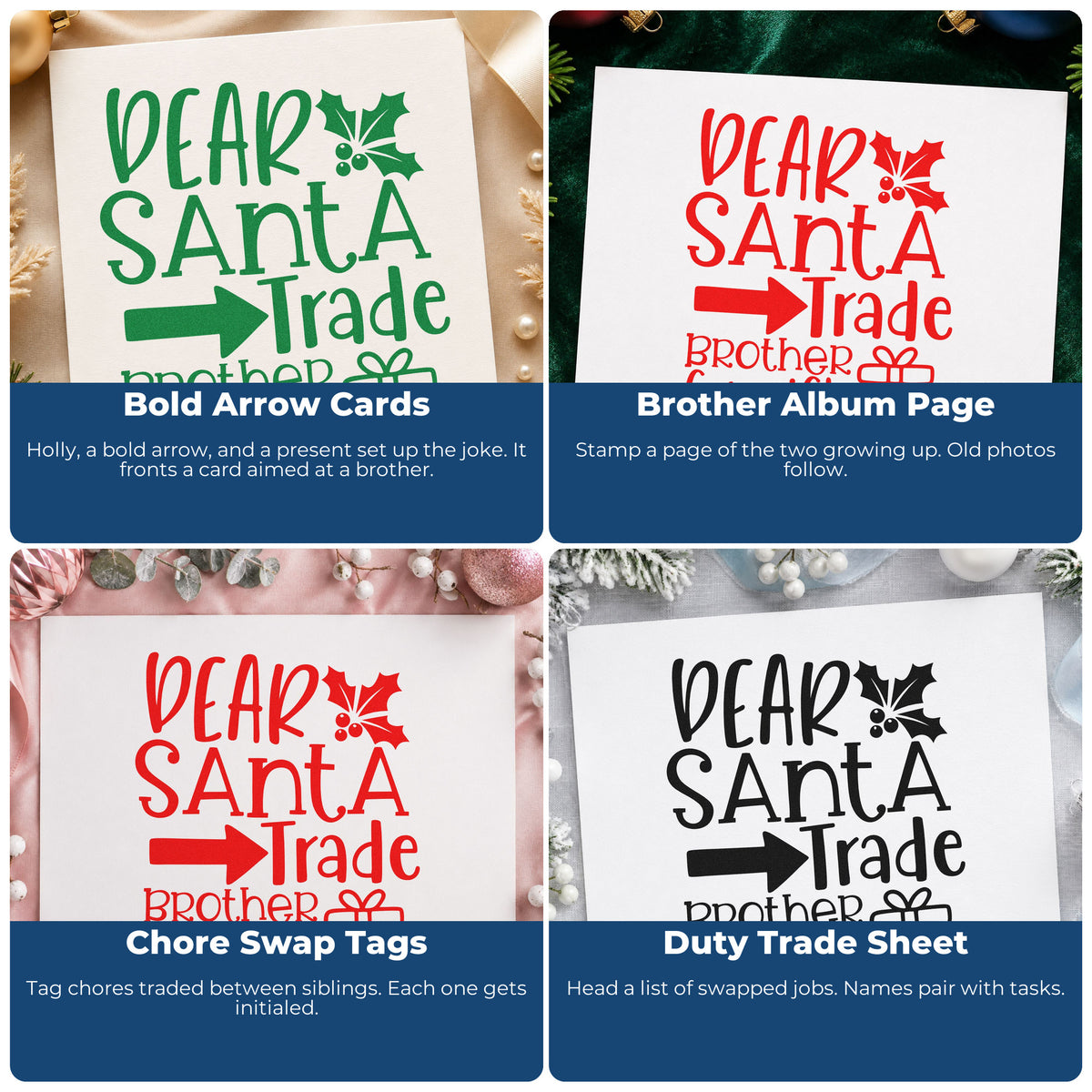 Four ways to use the Dear Santa Trade Brother For Gifts Pre-Inked Stamp – PSI: bold arrow cards, brother album page, chore swap tags and duty trade sheet.