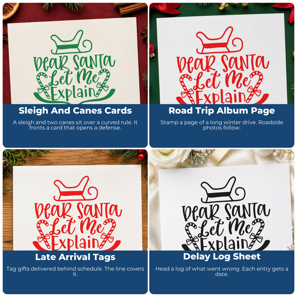 Four ways to use the Dear Santa Let Me Explain Candy Cane Hand Stamp – Duo: sleigh and canes cards, road trip album page, late arrival tags and delay log sheet.