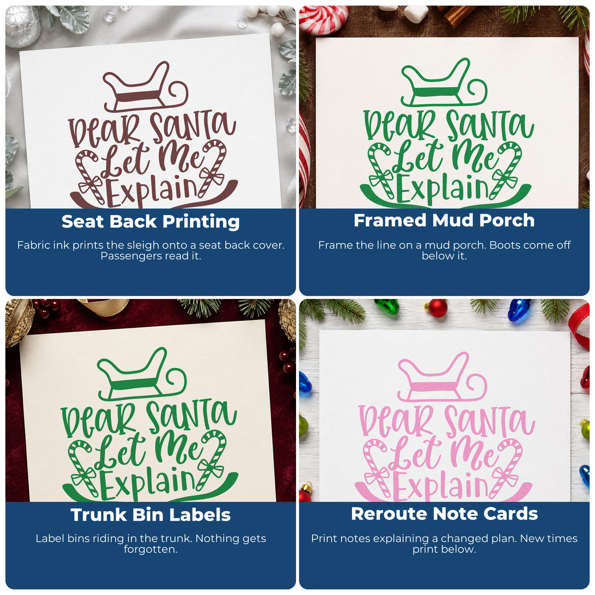 Four ways to use the Dear Santa Let Me Explain Candy Cane Hand Stamp – Duo: seat back printing, framed mud porch, trunk bin labels and reroute note cards.